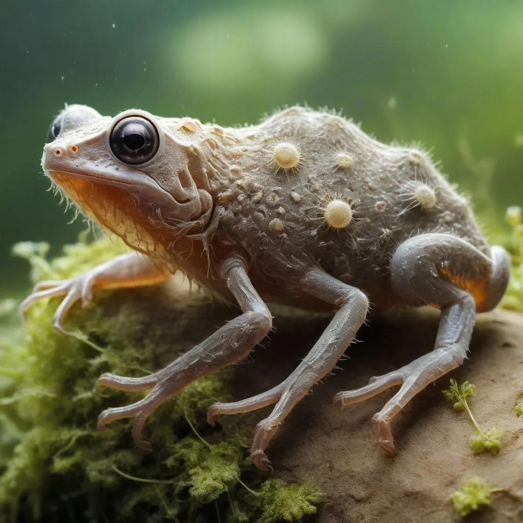 The image shows a small, translucent frog with a light green tint. The frog is sitting on a rock in a shallow pond. The pond is surrounded by green moss. The frog's eyes are closed and it appears to be sleeping.