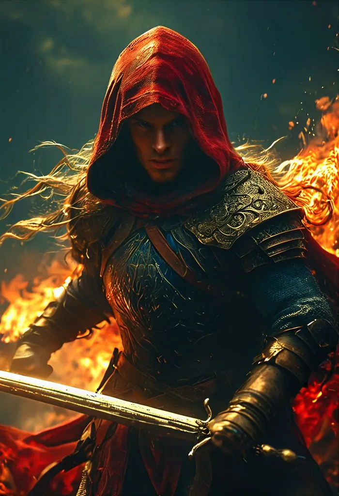 This is a picture of a warrior. He is wearing a red cape and a suit of armor. He is holding a sword. The background is a fiery orange color. The warrior is standing in a determined pose, ready to face any challenge.