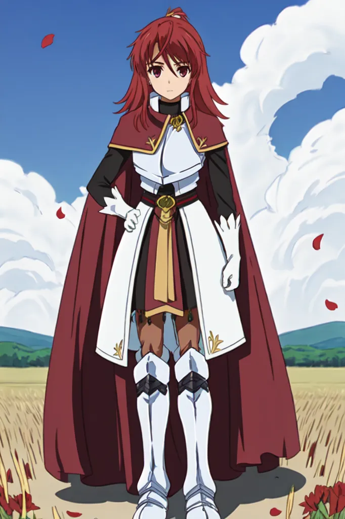 The image shows a young woman with long red hair and red eyes. She is wearing a white and red dress with a white cape. The dress has gold trim and a red ribbon at the waist. She is also wearing white boots and a red hat. She is standing in a field of flowers and there are clouds in the sky.