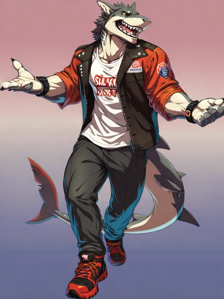 The image depicts a shark furry wearing a white shirt, a red jacket, and dark pants. He has a shark fin on his back and is wearing red and black sneakers. He is standing with his arms outstretched and has a confident expression on his face.