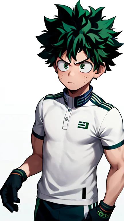 The image shows a young man with green hair and eyes. He is wearing a white polo shirt with a green stripe on the collar and green pants. He is also wearing black gloves. He has a determined expression on his face. He is standing in a fighting stance.