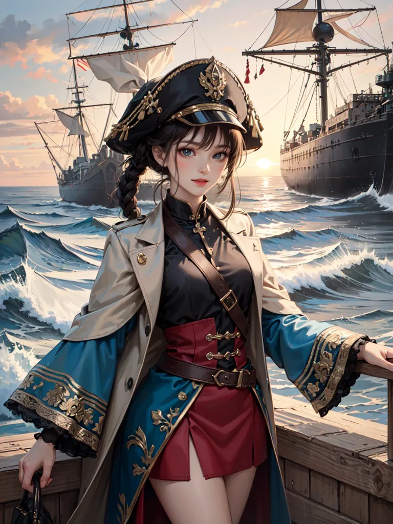 The image is of a young woman standing on the deck of a ship. She is wearing a white naval coat with gold epaulettes and a black hat with a gold band. She has brown hair and blue eyes, and she is looking out at the sea. There are two large ships in the background.