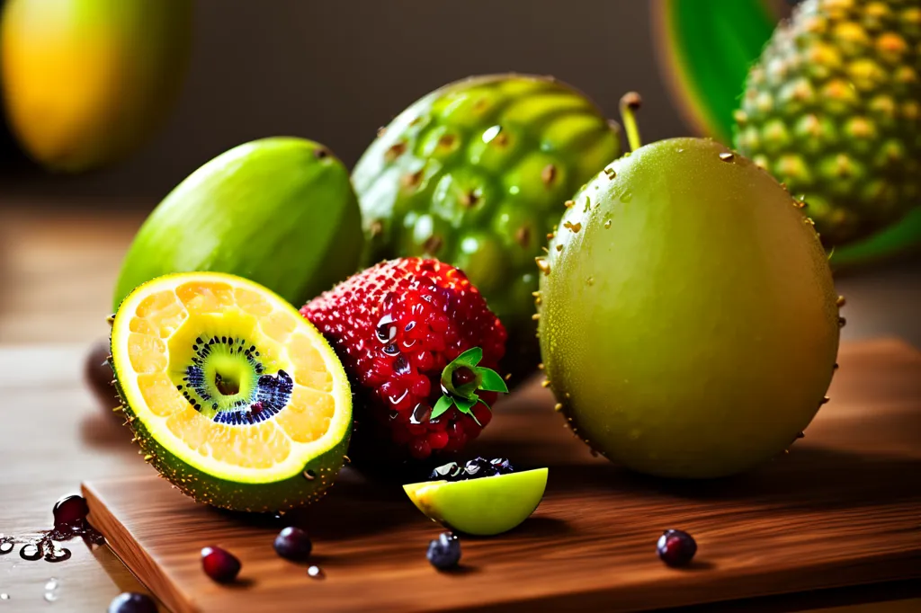 The image shows a wooden table with a variety of fruits on it. There are two green kiwis, a red strawberry, a green pineapple, and a green dragon fruit. The kiwi on the left is cut in half, revealing its black seeds. The strawberry is also cut in half, revealing its red flesh. The pineapple is whole, and the dragon fruit is cut into quarters. There are also several blueberries and blackberries on the table. The fruits are all arranged in a visually appealing way.