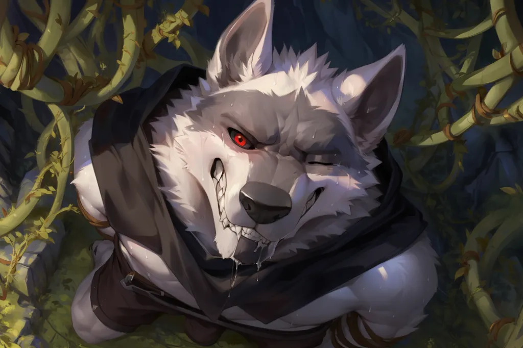 The image is of a muscular wolf furry with white and gray fur. He is wearing a black shirt that is partially unbuttoned, showing his chest. He has a sly expression on his face and is winking at the viewer. He is surrounded by green vines and leaves, and there is a dark background behind him.