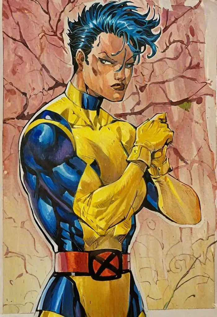 This is a picture of a superhero. He has blue hair and yellow eyes. He is wearing a yellow and blue suit. He has a serious expression on his face. He looks like he is ready to fight.