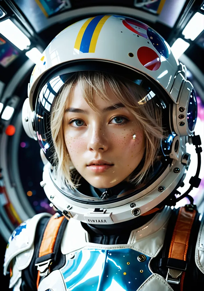 This is an image of a young girl in a spacesuit. She has short blonde hair and light blue eyes. The spacesuit has a white helmet with a blue and yellow stripe and a clear visor. The spacesuit is white and has a blue and yellow pattern on the chest. She is looking at the camera with a serious expression.