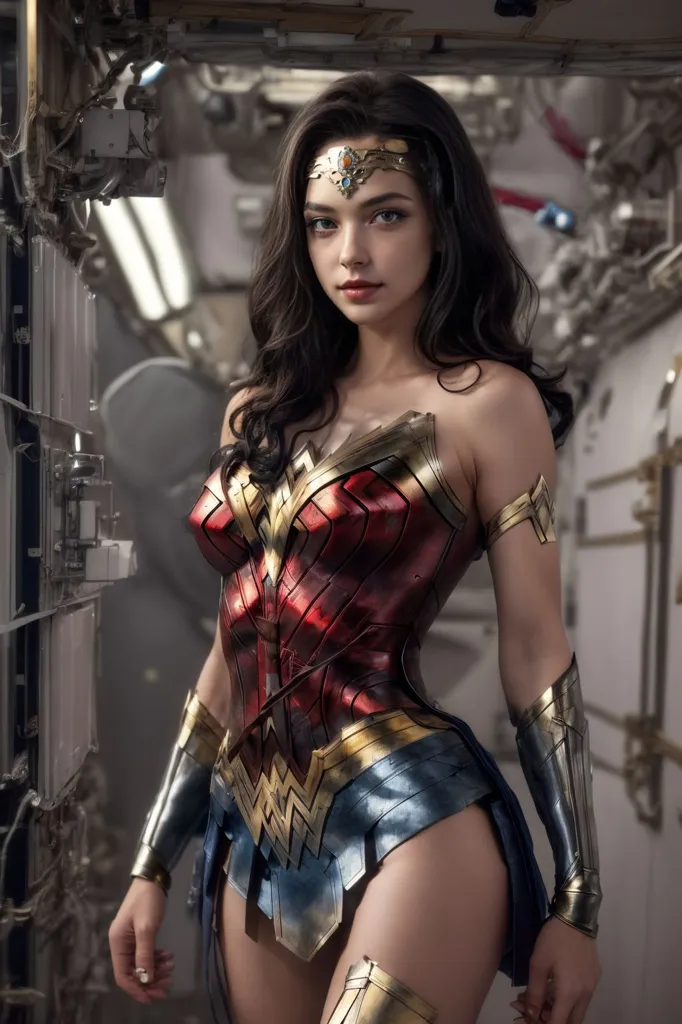 This is an image of Wonder Woman, a superhero from DC Comics. She is wearing her iconic red, blue, and gold costume and has her hair flowing out behind her. She is standing in a powerful pose, ready to fight for justice. The background is a spaceship, which suggests that she is on a mission to save the world.