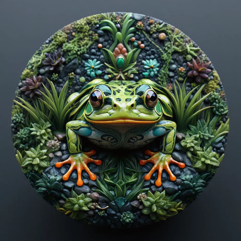 This image is a 3D rendering of a green frog sitting on a bed of moss and other plants. The frog is looking at the viewer with its big, round eyes. It has a wide mouth and a long, sticky tongue. Its body is covered in warts and its legs are long and thin. The moss and plants are all different shades of green and they are all growing in a circle around the frog, the background is grey.