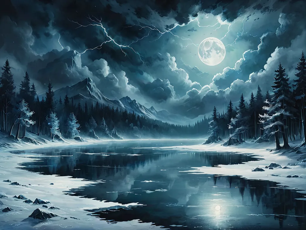 The image is a beautiful winter landscape. The sky is dark and stormy, with lightning bolts flashing in the distance. The moon is full and bright, and it casts a silvery glow over the snow-covered landscape. The trees are bare, and their branches are covered in snow. The lake is frozen, and the snow is thick on the ground. The only sound is the wind blowing through the trees. It is a peaceful and serene scene.