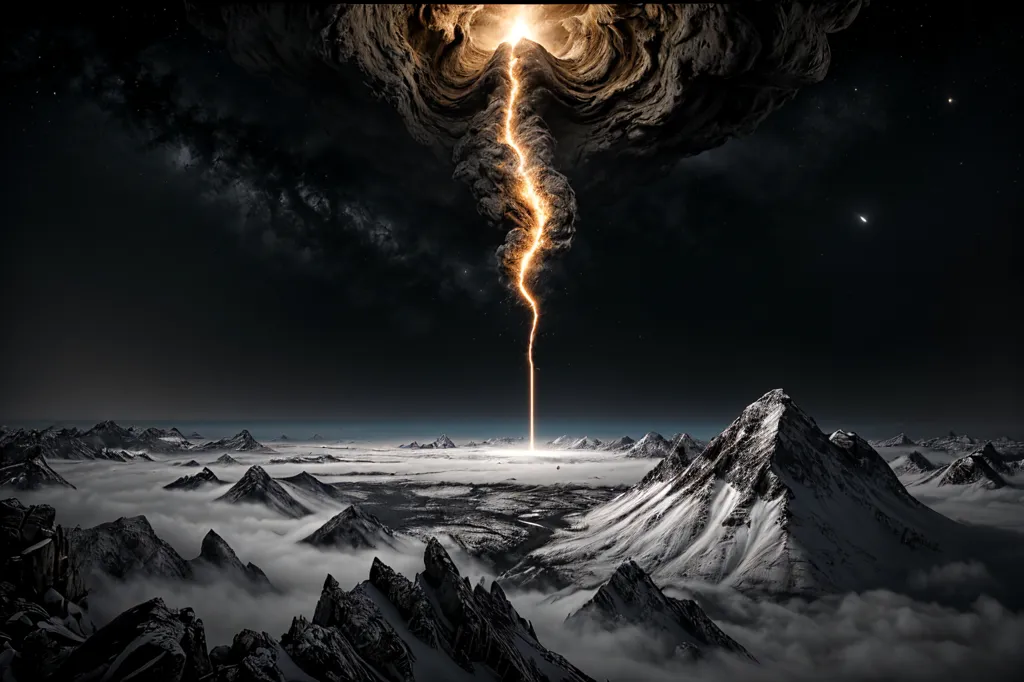 A bolt of lightning strikes down from a dark, stormy sky, illuminating the snow-capped mountains below. The mountains are shrouded in clouds, and the sky is filled with stars. The scene is one of both beauty and danger, as the power of nature is on full display.