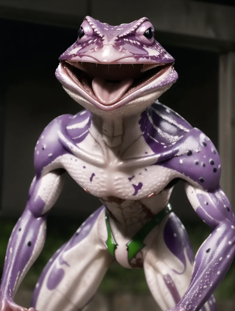 The image is a 3D rendering of a muscular anthropomorphic frog. The frog is purple and white with a green loincloth. It is standing in a crouched position with its mouth open and its tongue hanging out. The frog's skin is smooth and shiny, and its muscles are defined. The background is a blur of green and brown, suggesting that the frog is in a forest.