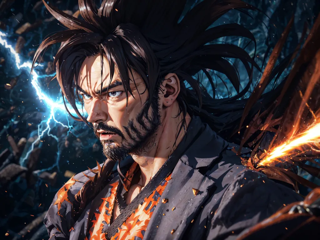 This is a picture of a man with long brown hair and a beard. He is wearing a black shirt and has a sword in his hand. He is standing in front of a dark background with lightning in the distance. The man's expression is one of determination and focus. He seems to be ready for a fight.