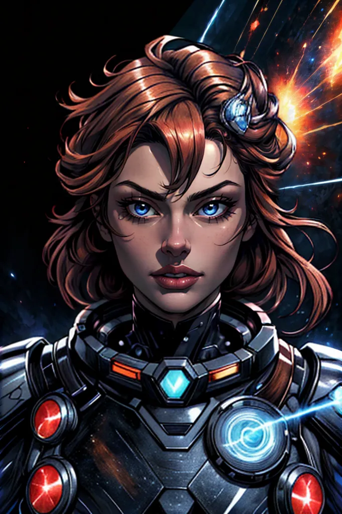 This is an image of a woman in a spacesuit. She has brown hair, blue eyes, and a serious expression on her face. She is wearing a black and gray spacesuit with red and blue details. There is an orange glow around her, and she is surrounded by stars.