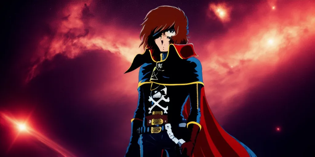 This is an illustration of a character from the anime series Space Pirate Captain Harlock. The character is standing in front of a red and purple nebula. He is wearing a black and red outfit and has a red cape. He has a sword in his right hand.