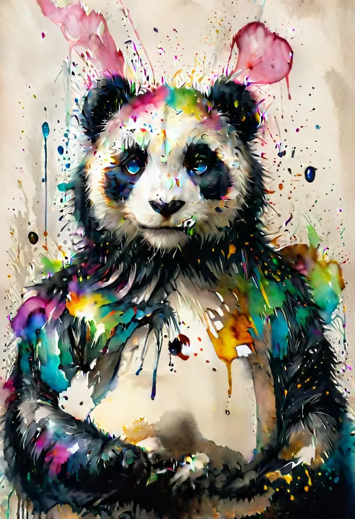 This is a watercolor painting of a panda. The panda is facing the viewer with a serene expression on its face. Its fur is black and white, with splashes of color throughout. The background is a light beige color, with dark brown spots. The painting has a soft, dreamlike quality, and it seems to capture the panda's gentle nature.