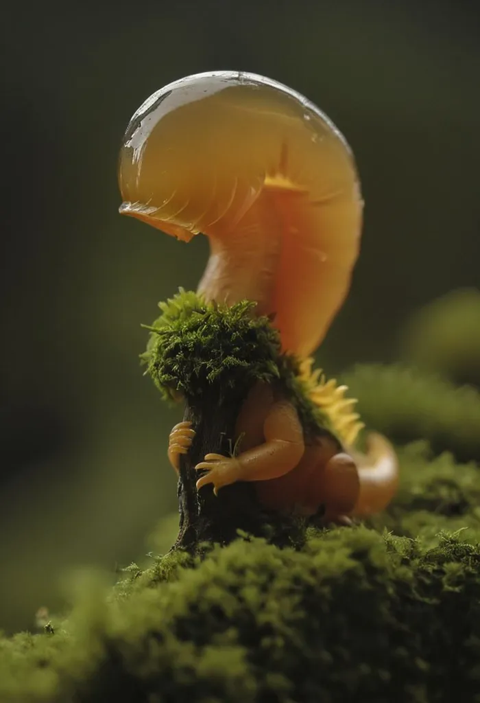 The image shows a strange creature with a large, transparent head and a long, thin body. The creature is covered in a layer of moss, which gives it a green appearance. It is standing on a branch, and its eyes are closed. The background is a blur of green and brown. The creature looks like a cross between a salamander and a mushroom.