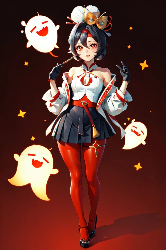 The image is of a young woman with brown hair and red eyes. She is wearing a white and red cheongsam, a black skirt, and red stockings. She is also wearing a red and white hat with a yellow flower on it. She is holding a paintbrush in her right hand and has three small ghosts floating around her. The background is a dark red coat.