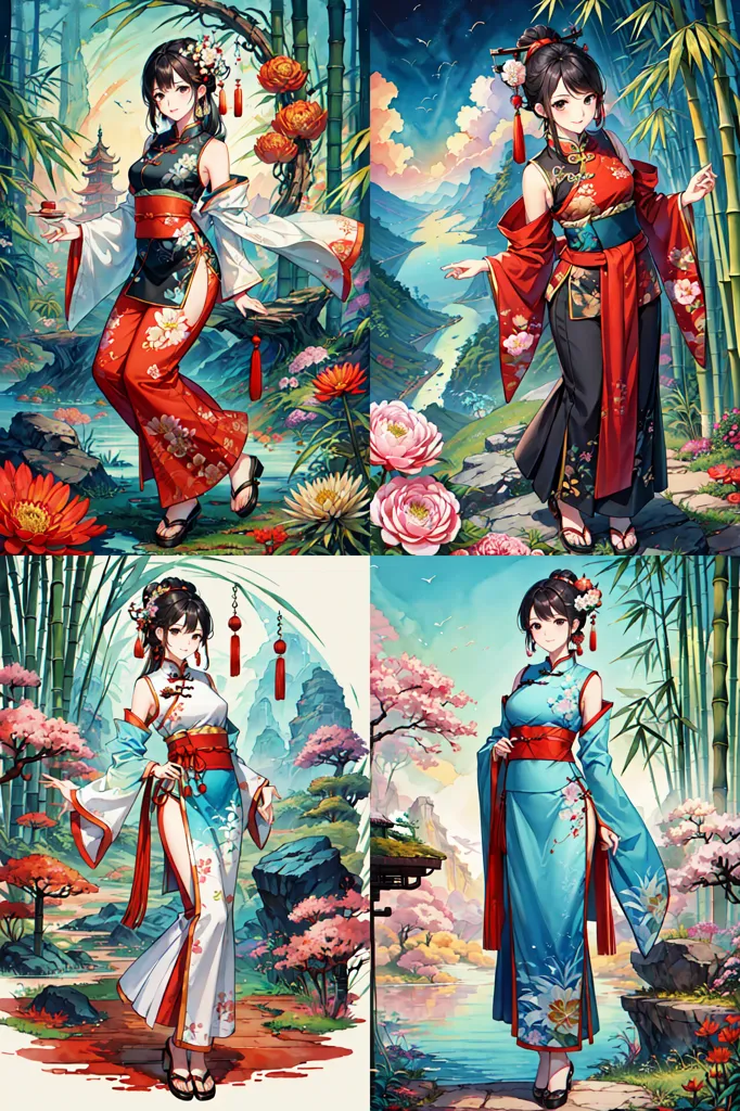 The image shows four beautiful women in traditional Chinese clothing. They are all wearing different styles of dresses, but they all have the same hairstyle. The women are standing in different poses, and they are all surrounded by beautiful scenery. The image is very colorful and detailed, and it is clear that the artist put a lot of effort into creating it.