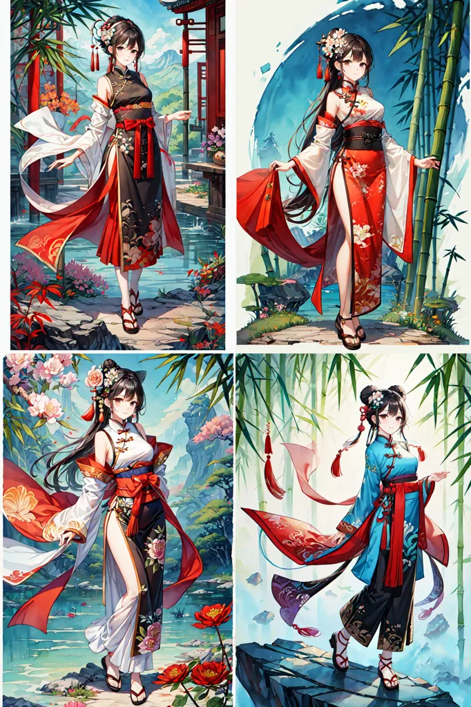 The image shows four beautiful women in cheongsams. The women are all wearing different styles of cheongsams, and they are all standing in different poses. The cheongsams are all very colorful and have different patterns. The women are all wearing their hair in different styles, and they are all wearing different accessories. The background of the image is a traditional Chinese landscape with mountains, water, and trees.