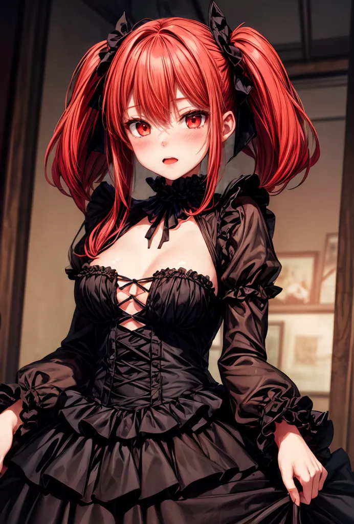 This is an image of a young woman with bright red hair. She is wearing a black dress with a corset. The dress has a sweetheart neckline and is trimmed with black lace. She is also wearing a black choker with a red ribbon. Her hair is done up in two pigtails and she has red eyes. She is standing in a dark room with a red curtain in the background.