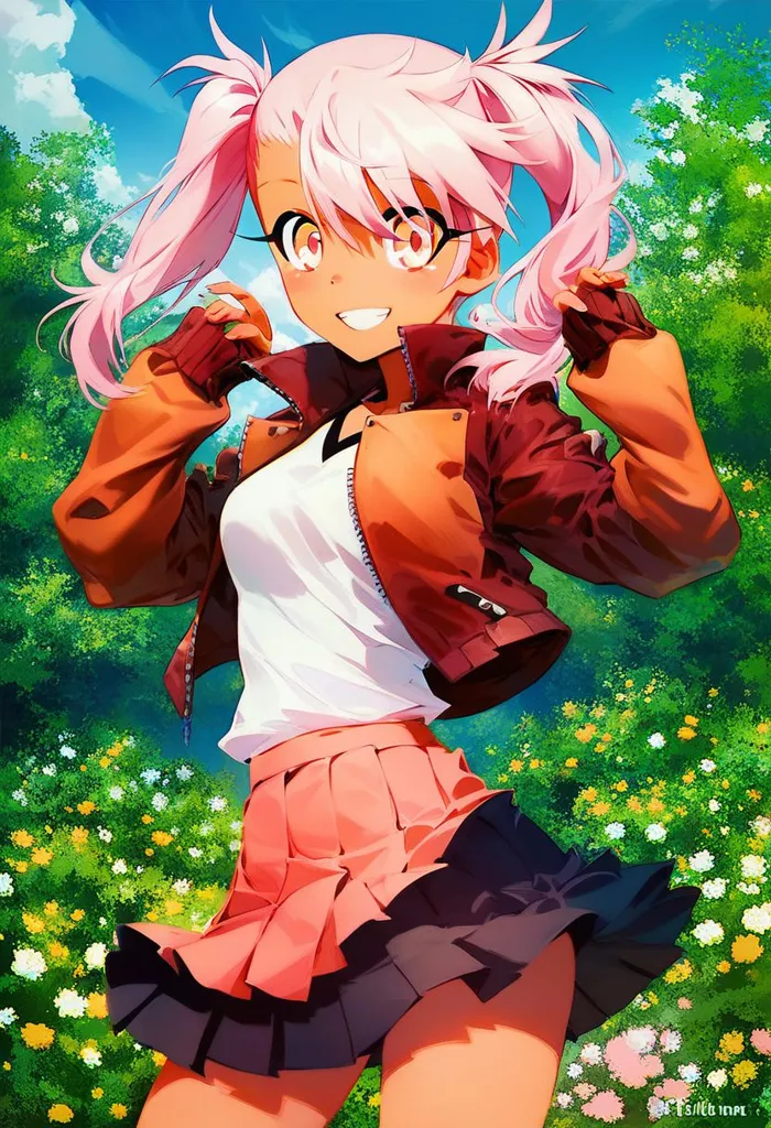 The image shows an anime girl with pink hair and brown skin. She is wearing a white shirt, a pink skirt, and a brown jacket. She is standing in a field of flowers and has a happy expression on her face.