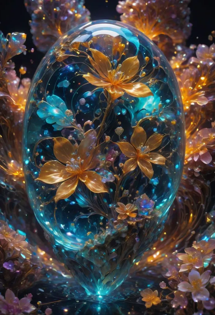 The image is a beautiful and surreal depiction of flowers and plants. The flowers are made of gold and seem to be growing out of the water. The water is a deep blue color and sparkles in the light. The background is a dark blue color and is filled with stars. The image has a very dreamlike quality and is sure to capture the viewer's attention.