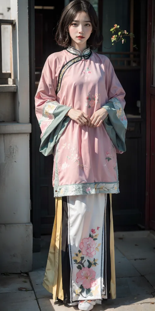 The image shows a young woman wearing a pink and white cheongsam with a floral pattern. The cheongsam is a traditional Chinese dress that is typically worn by women. It is a one-piece dress that is fitted to the body and has a high collar. The cheongsam is often made from silk or other luxurious fabrics and is often decorated with intricate embroidery or beading. The woman in the image is also wearing a pair of white shoes.