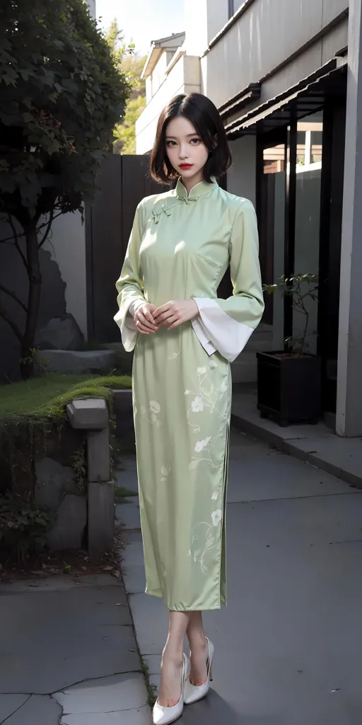 The image shows a young woman wearing a green cheongsam. The cheongsam is a traditional Chinese dress that is typically worn by women. It is a long, fitted dress that is usually made of silk or another luxurious fabric. The cheongsam is often decorated with intricate embroidery or other details. The woman in the image is wearing a green cheongsam that is embroidered with white flowers. She is also wearing white high heels. The cheongsam is a very flattering dress that can be worn for a variety of occasions. It is a popular choice for special events such as weddings and parties.