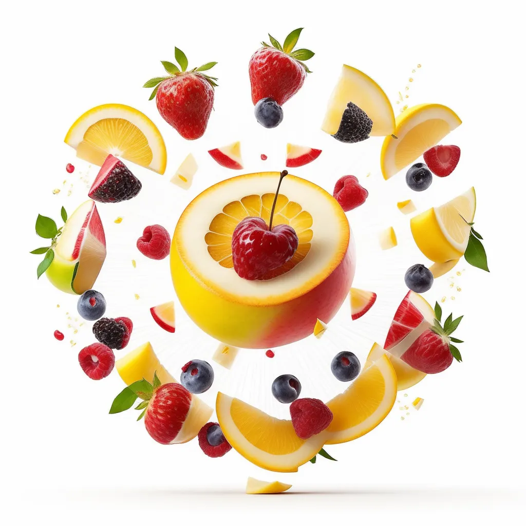 The image shows a variety of fruits. There are strawberries, blueberries, raspberries, and blackberries. There are also lemon and orange slices. The fruits are arranged in a circle around a central point. The background is white.