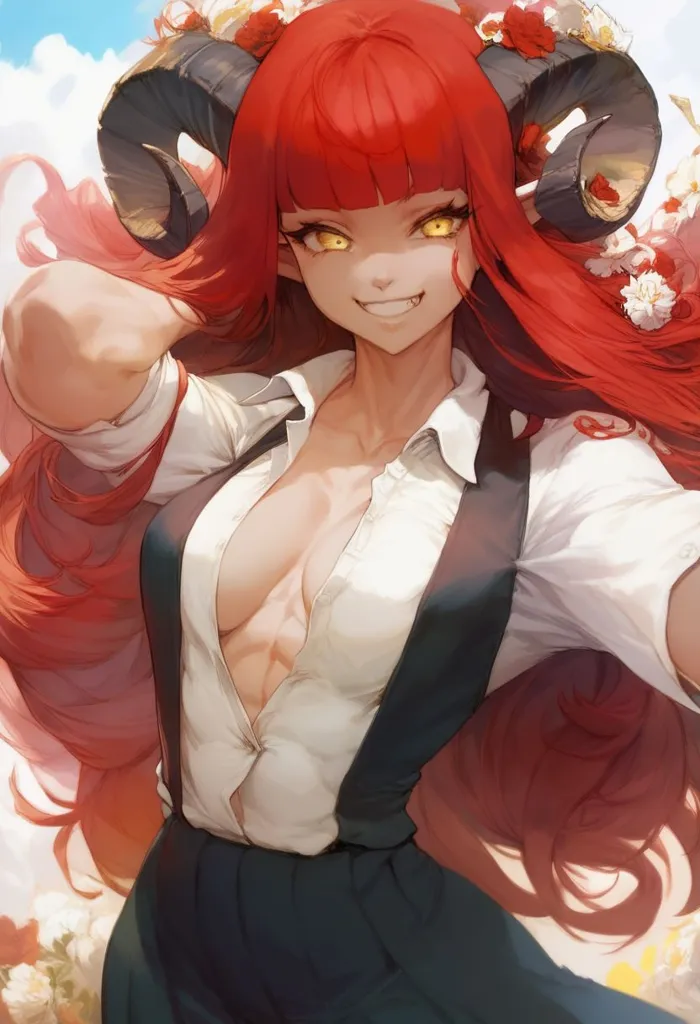 The picture shows a red-haired girl with yellow eyes. She has horns on her head and is wearing a white shirt and black suspenders. The shirt is unbuttoned, showing her cleavage. She has a friendly smile on her face and is standing in a field of flowers.