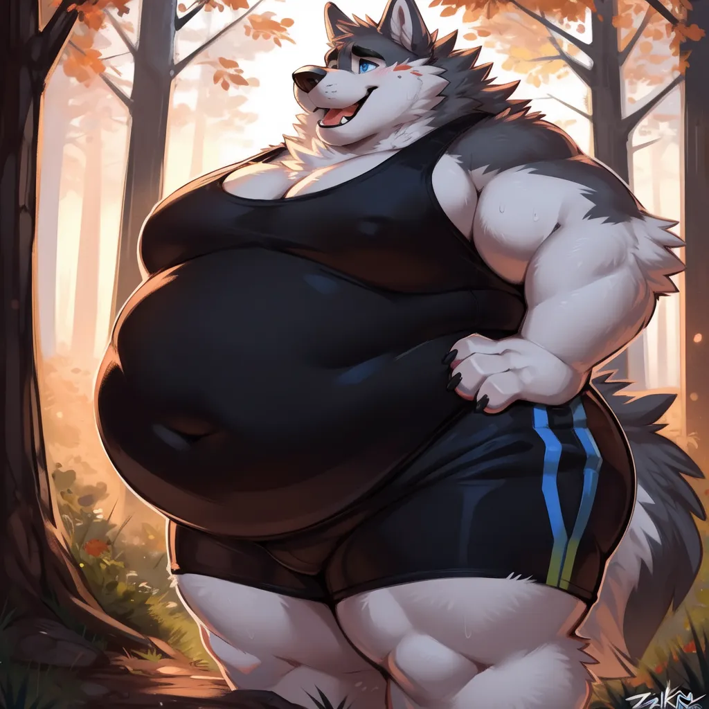 The image is of a large, muscular wolf standing in a forest. The wolf is wearing a black tank top and blue gym shorts. He has a large smile on his face and is looking at the viewer. The background is a blur of trees and leaves. The wolf is standing on a dirt path.