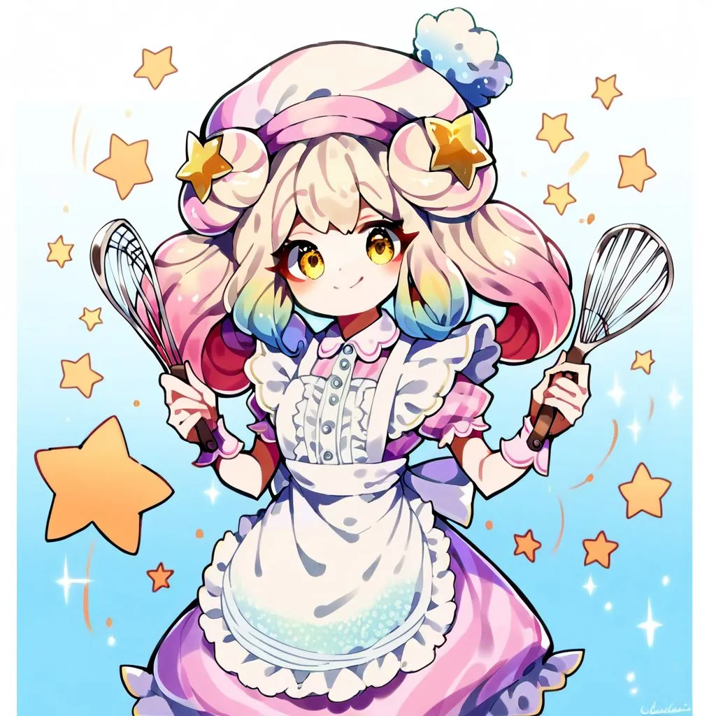 The image shows a cute anime girl with a big smile on her face. She has pink hair and yellow eyes, and she is wearing a white and pink maid outfit. She is also holding two whisks in her hands. The background is light blue, and there are stars all around her.