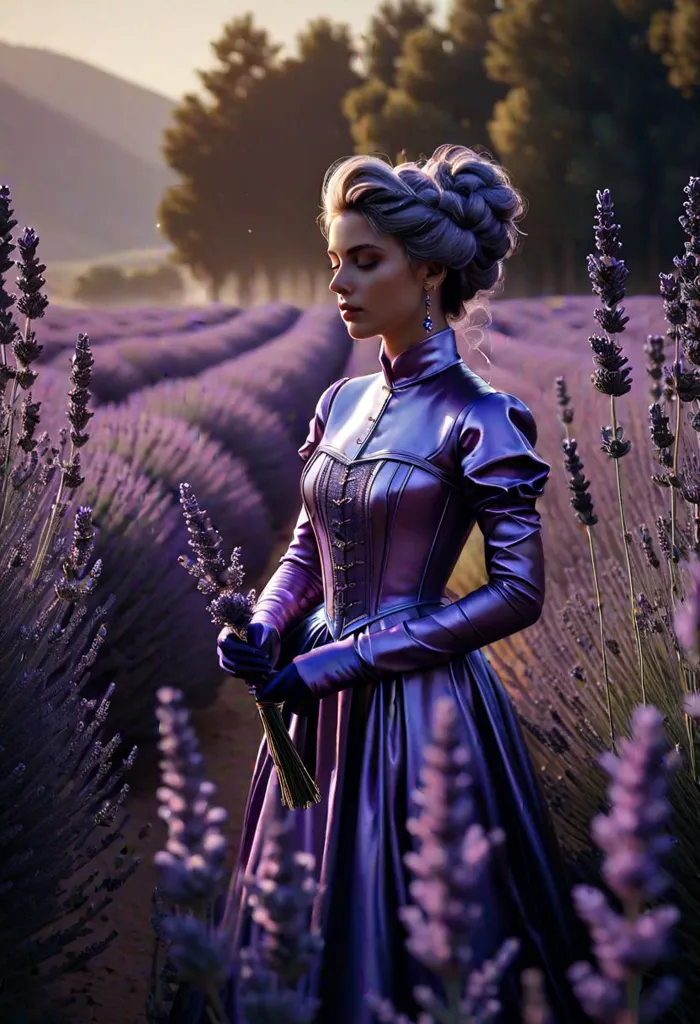 A woman stands in a field of lavender. She is wearing a purple dress and a lavender sash. Her hair is in a bun and she is wearing a lavender headband. She is holding a bouquet of lavender. The sun is setting and the sky is a warm, golden orange. The lavender is in full bloom and the air is filled with its fragrance. The woman is surrounded by beauty and she is at peace.