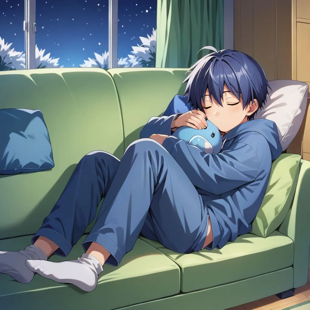 A boy in blue pajamas is sleeping on a couch. He has a stuffed animal clasped in his arms. The couch is in a living room with a window in the background. The window is covered with curtains. The night sky is visible outside the window.