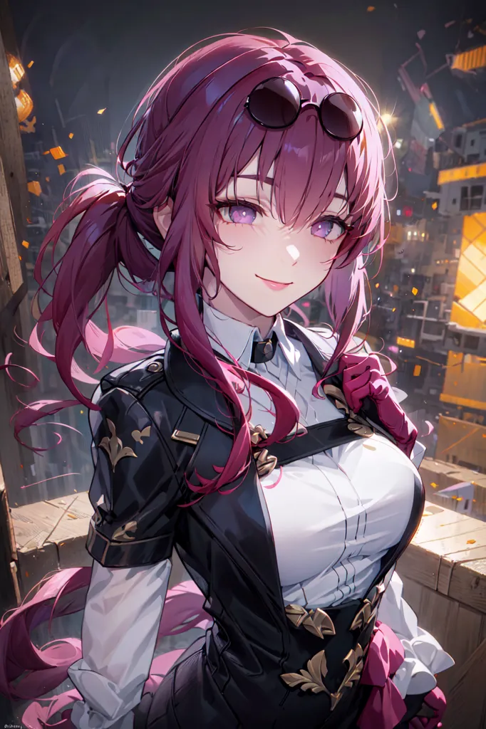 The image shows an anime-style girl with pink hair and purple eyes. She is wearing a white shirt, black jacket, and pink tie. She has a pair of sunglasses on top of her head. She is standing in a city with a lot of lights in the background. The image is drawn in a realistic style and the colors are vibrant.