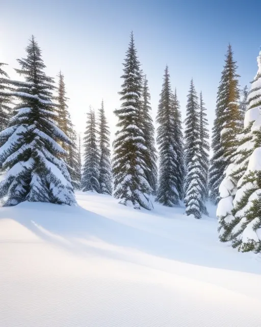 The image shows a snow-covered forest. The trees are tall and straight, and their branches are weighed down by the snow. The snow is thick on the ground, and it is clear that it has been snowing for some time. There is a large snowdrift in front of the trees. The sun is shining brightly, and it is creating a beautiful scene.