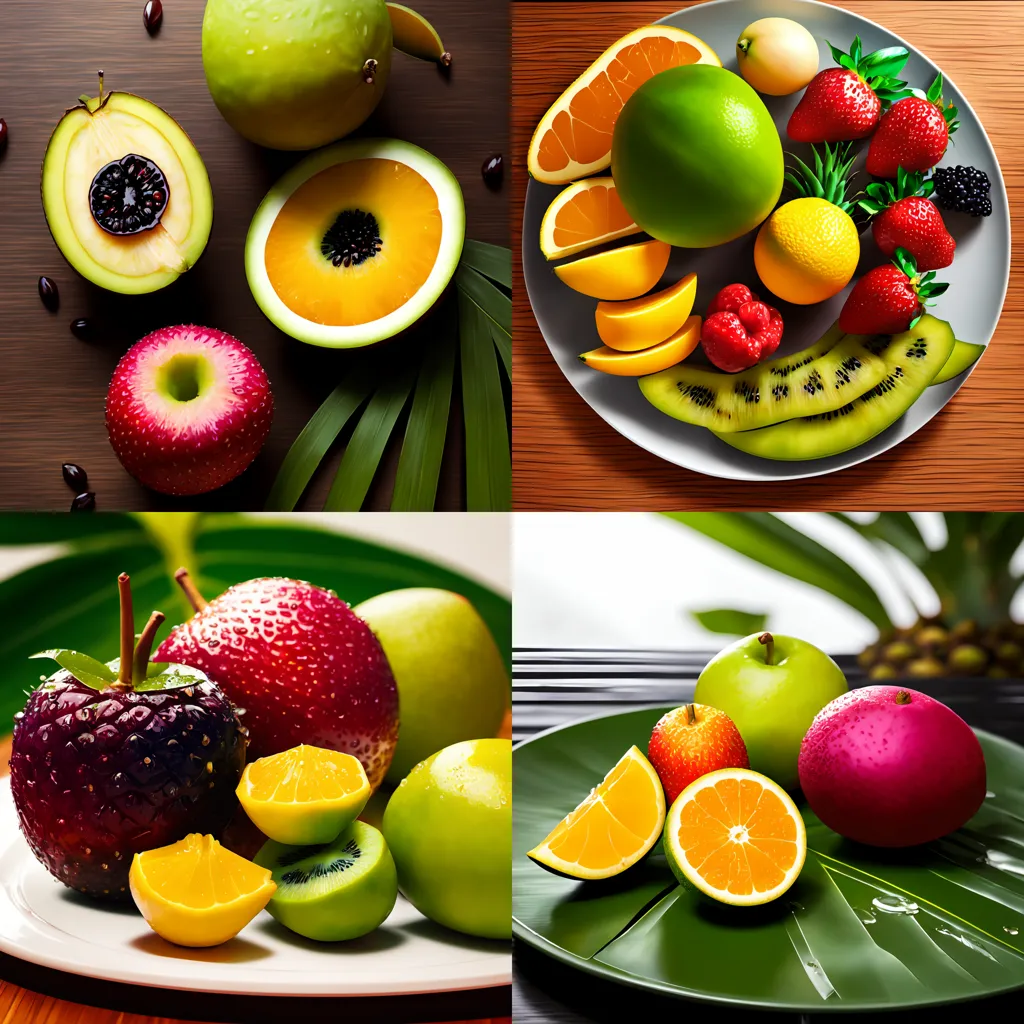 The image shows four different types of fruit.
The top left is a green pear cut in half.
The top right is an orange cut into slices and a strawberry.
The bottom left is an apple cut into slices.
The bottom right is an orange and a purple fruit cut into slices.