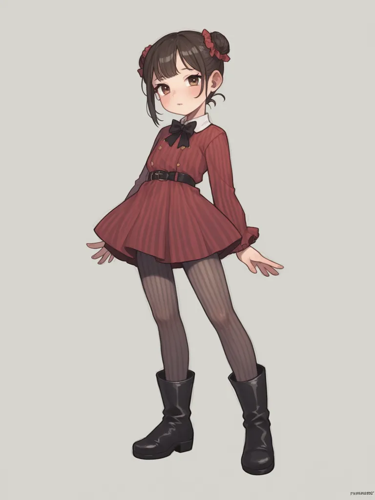 The little girl is wearing a red dress with a white collar. The dress has a pleated skirt and long sleeves. She is also wearing black boots and a black bow in her hair. She has brown hair and brown eyes. She is standing with her feet shoulder-width apart and her arms at her sides. She is looking at the viewer with a slightly puzzled expression on her face.