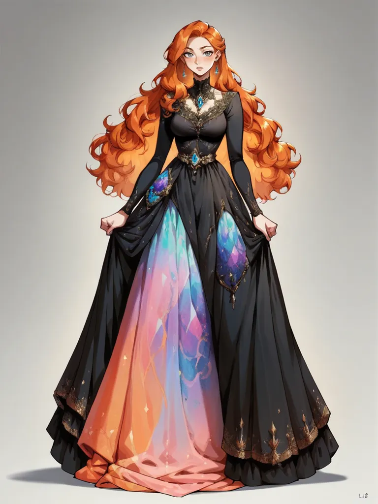 The image shows a woman with long red hair wearing a black dress with an orange and blue gradient. The dress has a high collar and is decorated with gold trim. The woman is standing with her hands on her hips and is looking at the viewer with a serious expression. She has blue eyes and her hair is styled in a half-up, half-down hairstyle.