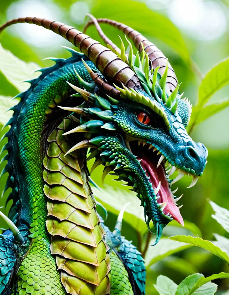 The green dragon is a fearsome creature with a long, serpentine body and powerful wings. Its scales are a deep green color, and its eyes are a bright red. The dragon's teeth are sharp and its claws are long and锋利的. The dragon is surrounded by a lush green forest, and the sun is shining brightly. The dragon is perched on a rock, and it is looking out over the forest. The dragon is a powerful creature, and it is a symbol of strength and power.