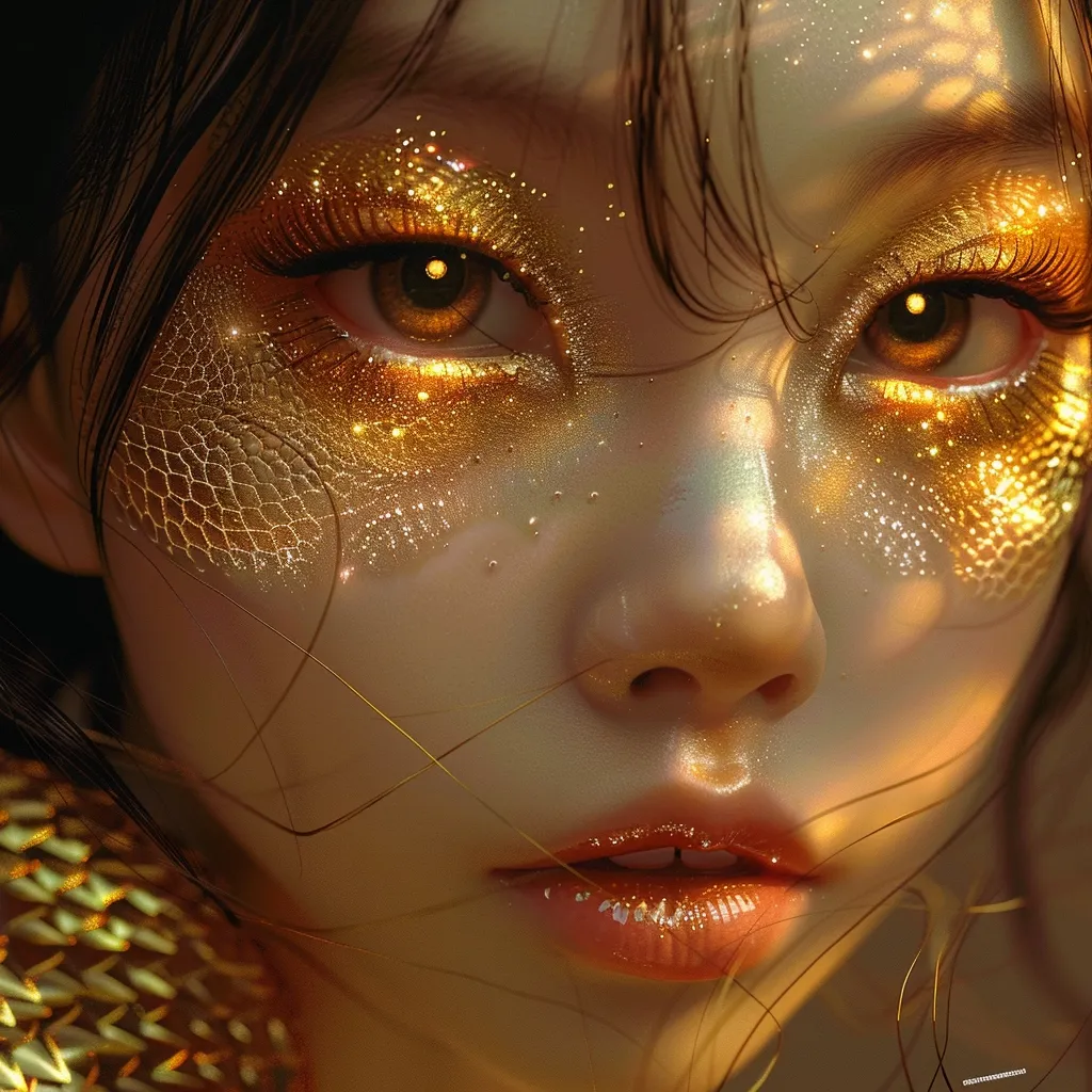 a beautiful asian girl with big repitile eyes and golden scales for skin ultra realistic --v 6.0