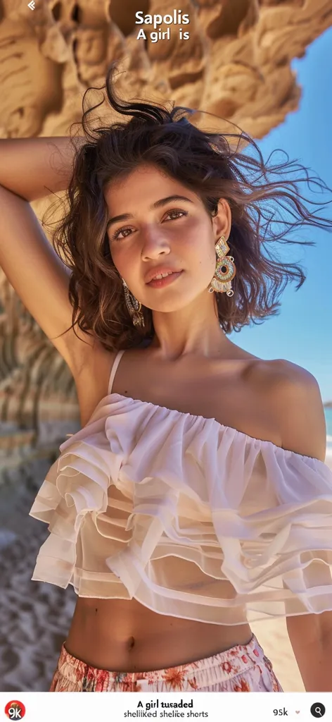 Create an Instagram post featuring the same photo of A beautiful delhi woman wearing one shoulder top with gradient color, which is inspired by Oscar de la Renta's style. The text "Sapolis" appears above it in elegant font. under that add another text "A girl tusaded", and below there should be two other text "shelike shorts" and "95k". On bottom right side place logo for instagram page, on the upper left corner add name of company called Shrimeri services and underneath add more information about their service such as, grocery shopping , house cleaning or kids party. Add some negative space around all edges --ar 59:128 --v 6.0