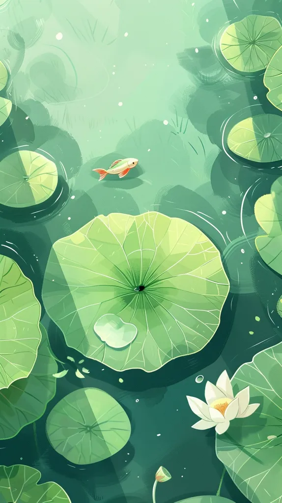 The image is a cartoon illustration of a pond with lily pads and a fish. The pond is a light green color, and the lily pads are a darker green color. The fish is orange and white, and it is swimming near the surface of the pond. There is a white flower on one of the lily pads. The background is a light blue color. The image is drawn in a simple, cartoon style, and it has a calming, peaceful feel to it.