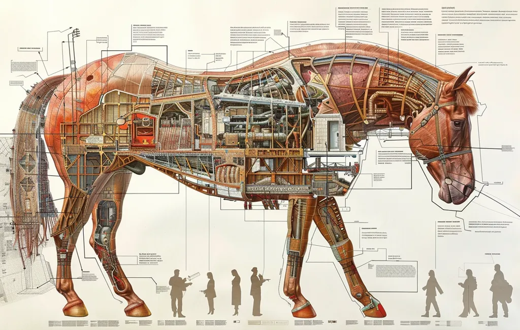 The image is a cross-section of a horse, showing its internal organs and structure. It is labeled with the names of the different parts of the horse's anatomy. The image is drawn in a realistic style and is very detailed.