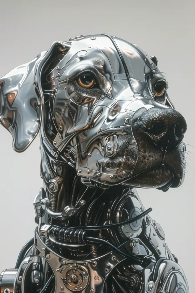 The image is a photo of a robot dog. It is made of metal and has a very realistic appearance. The dog is looking to the right of the frame and has a serious expression on its face. The background is a light gray color and there is a small amount of light reflecting off of the dog's metal surface.