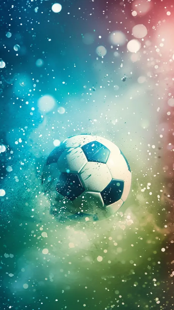 This is an image of a soccer ball. The ball is white and black, and it is in the center of the image. The background is a blue and green gradient, and there are some white and blue dots all over the background. The soccer ball is also surrounded by some white and blue dust.