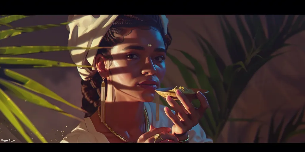 This is an image of a beautiful woman of color with dark skin and curly hair. She is wearing a white turban and a gold necklace. She is holding a bowl of food or spices. The background is dark with palm leaves in the foreground. The image is very stylized and looks like a painting.