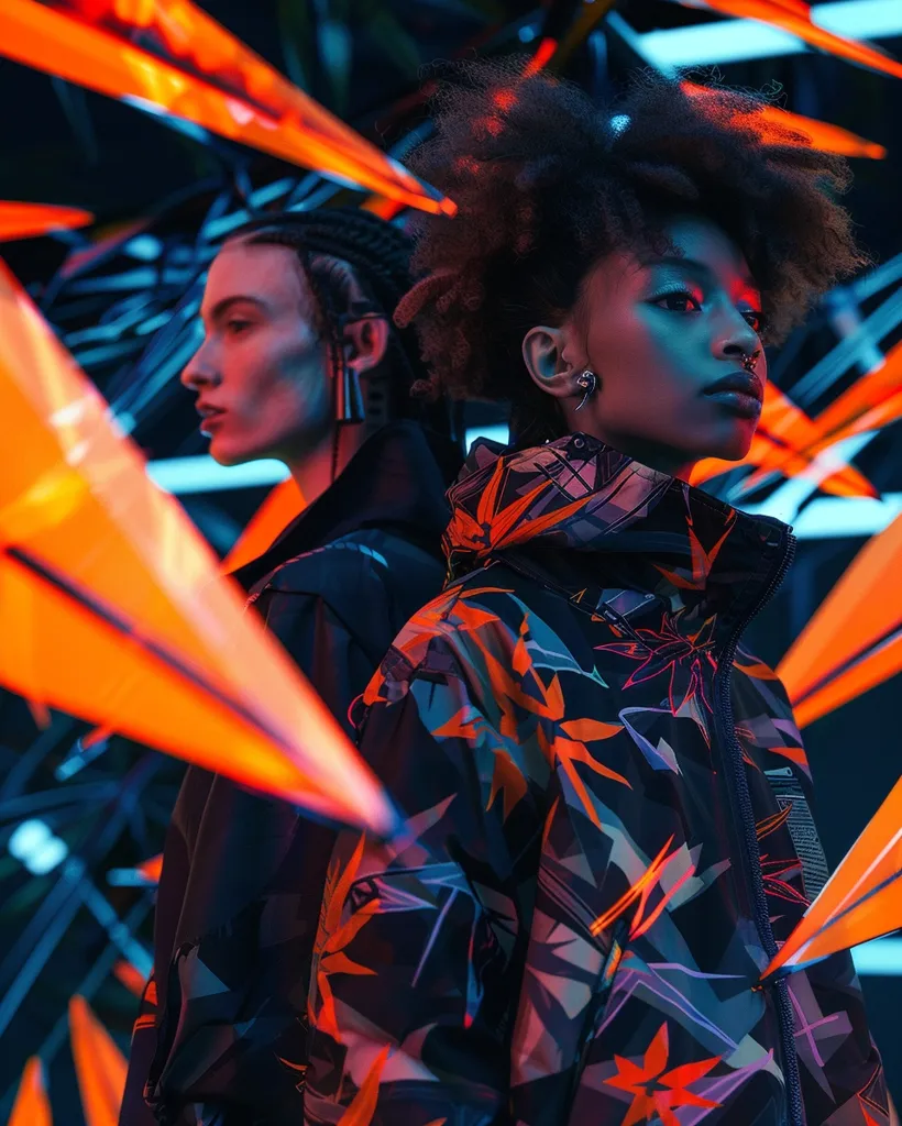 Two women are standing with their backs to each other. They are both wearing black and orange jackets. The background is dark and there are orange and blue lights shining on them. The woman on the left has black hair and the woman on the right has brown hair.