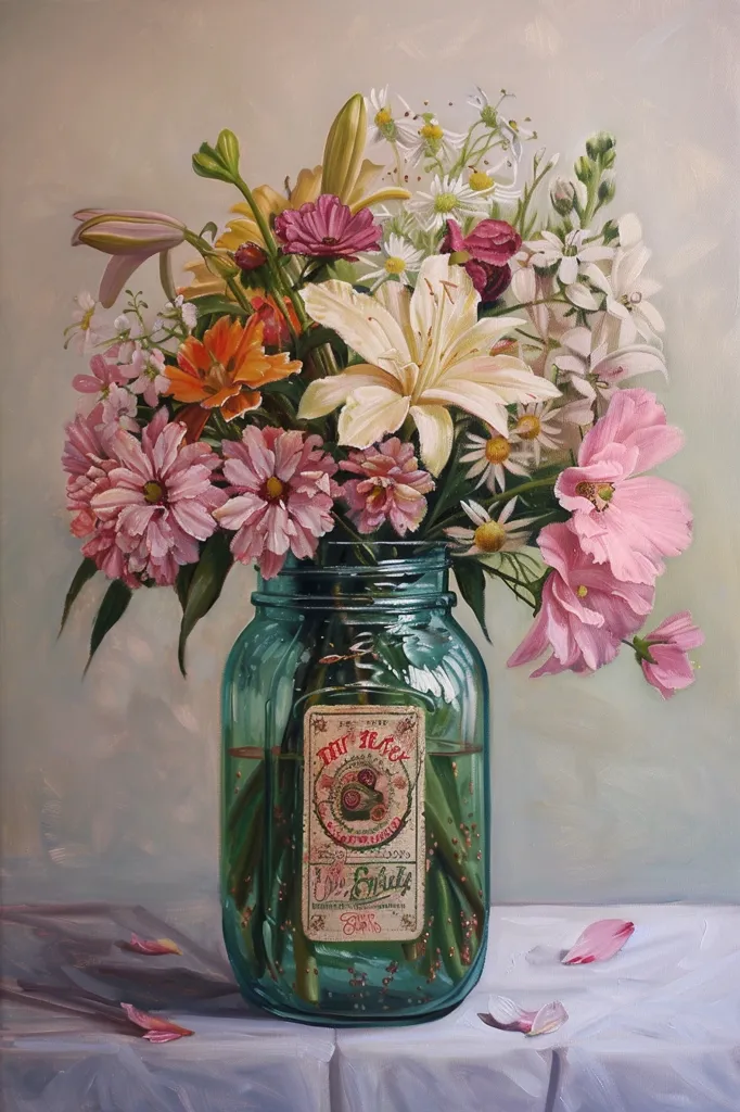 The painting is of a mason jar filled with a variety of flowers. The flowers include lilies, daisies, and cosmos. The mason jar is sitting on a white table. The painting is done in a realistic style and the colors are vibrant and lifelike. The painting is a still life, which means that it is a painting of inanimate objects.