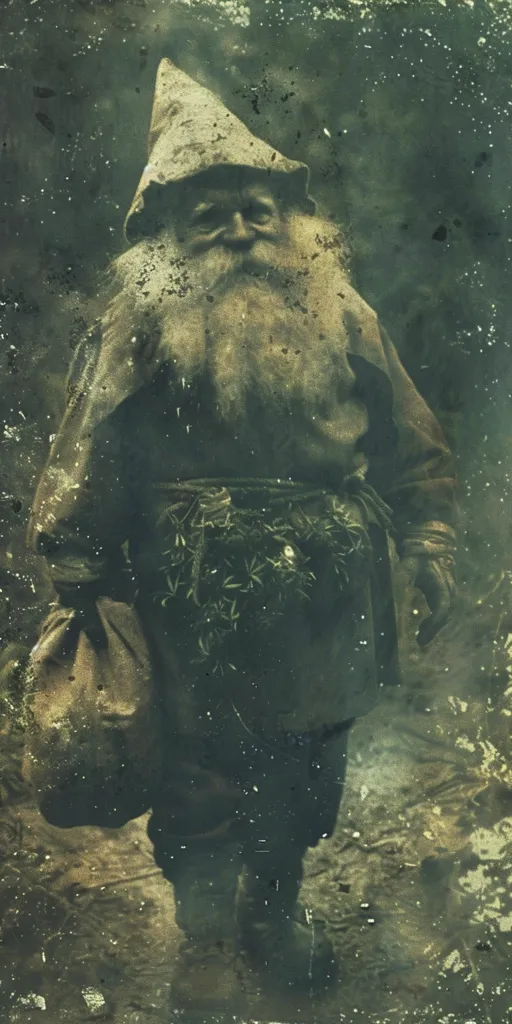 The picture shows a man dressed in a strange costume. He has a tall, pointed hat on his head and a long, white beard. He is wearing a cloak that is made of leaves and twigs. The man is carrying a large sack on his back. He looks like he is a wizard or a druid.
